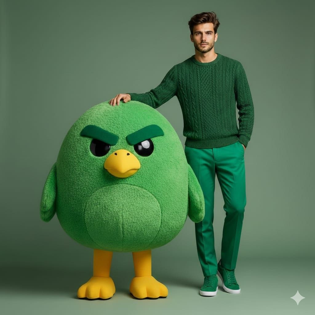 High-end fashion portrait with plush cartoon mascot