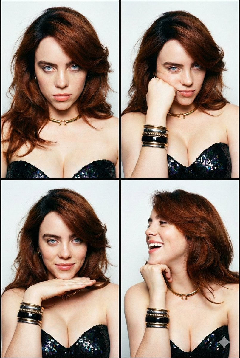 4-Panel Billie Eilish Portrait with Dermatological Realism