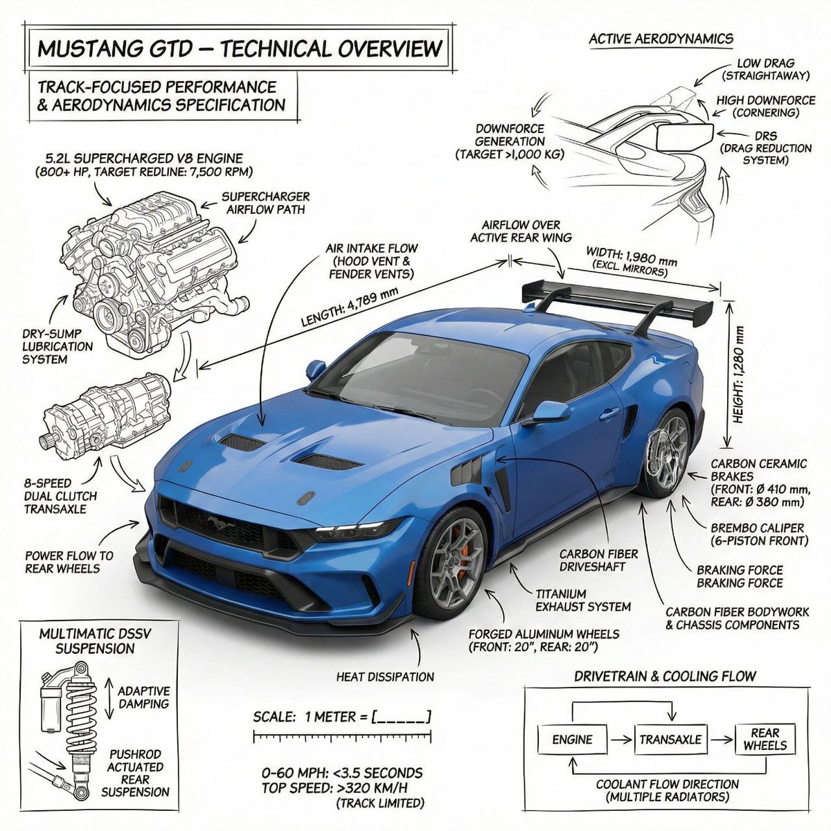 Infographic / Edu Visual - Infographic image of Mustang GTD with technical annotations - Image 1