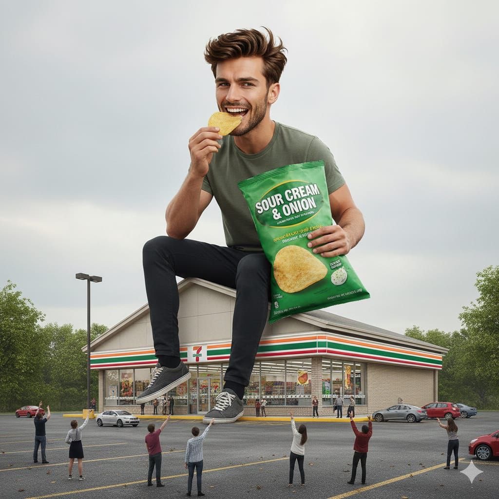 Surreal advertising scene of a giant man eating a cheeseburger