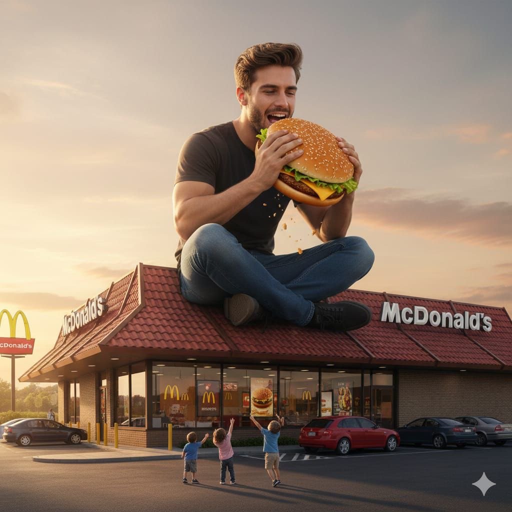 Surreal advertising scene of a giant man eating a cheeseburger 2