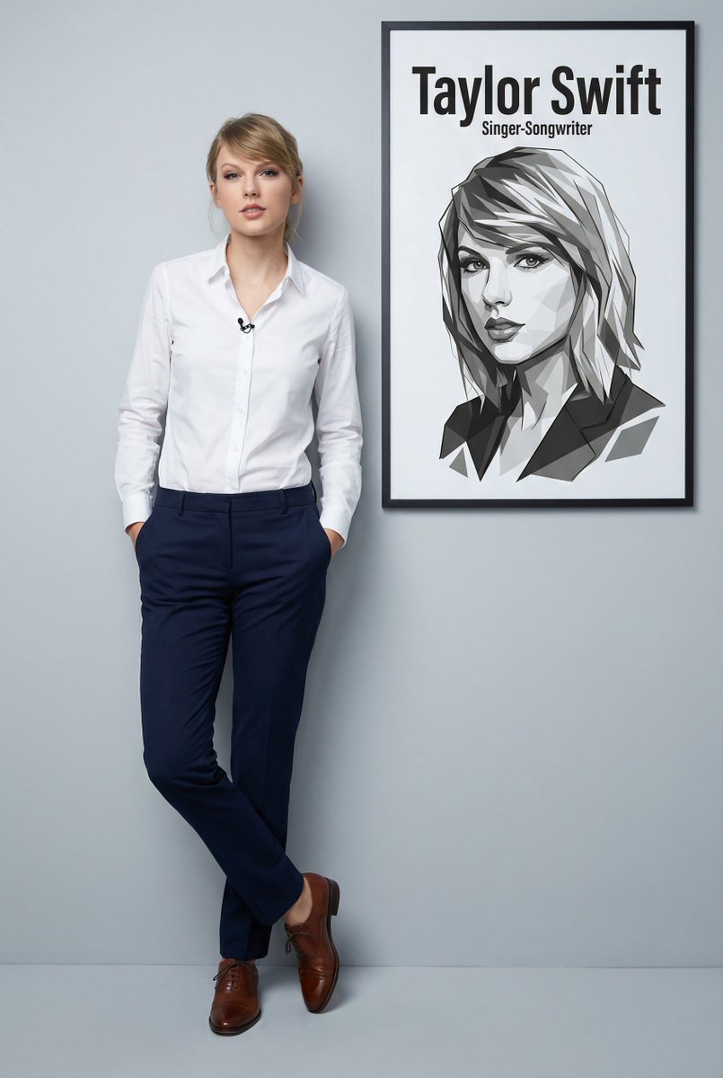 Ultra-realistic full body portrait of Taylor Swift with graphic overlay