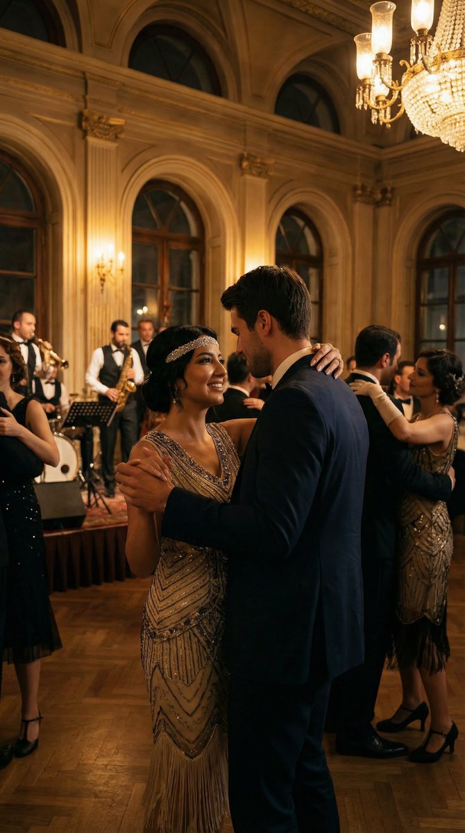 Historical romantic editorial of a couple dancing in 1920s Istanbul