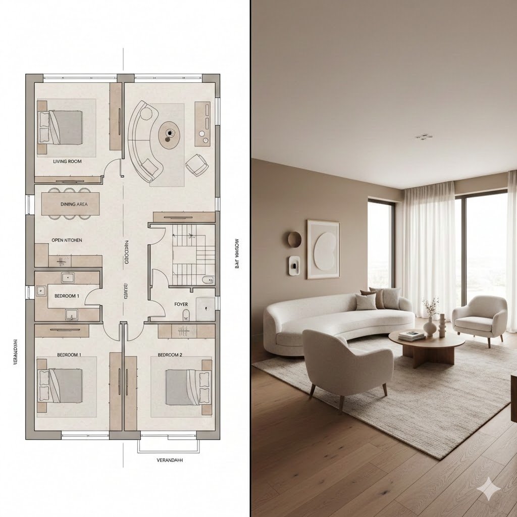 Prompt for Generating Architectural Floor Plan and Photorealistic Interior Comparison