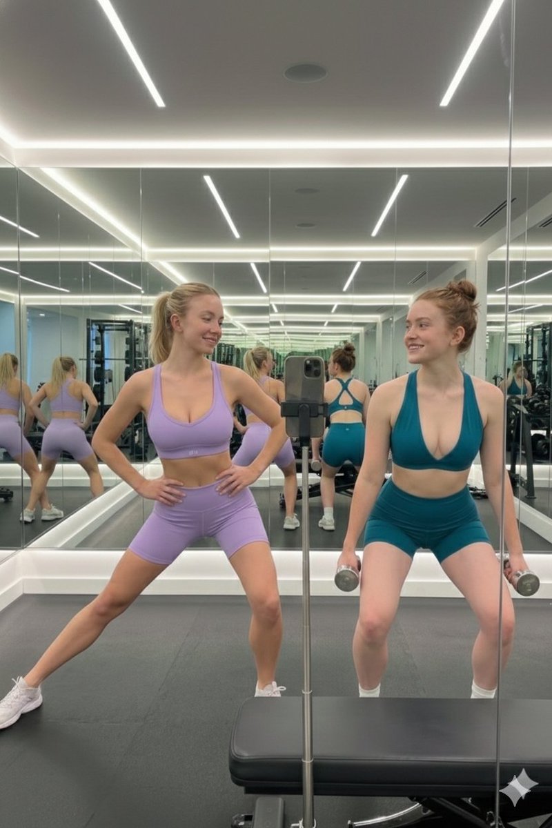 Mirror Selfie of Sydney Sweeney and Sadie Sink in a Gym