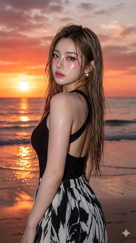 Golden Hour Beach Portrait with Glass Skin Effect