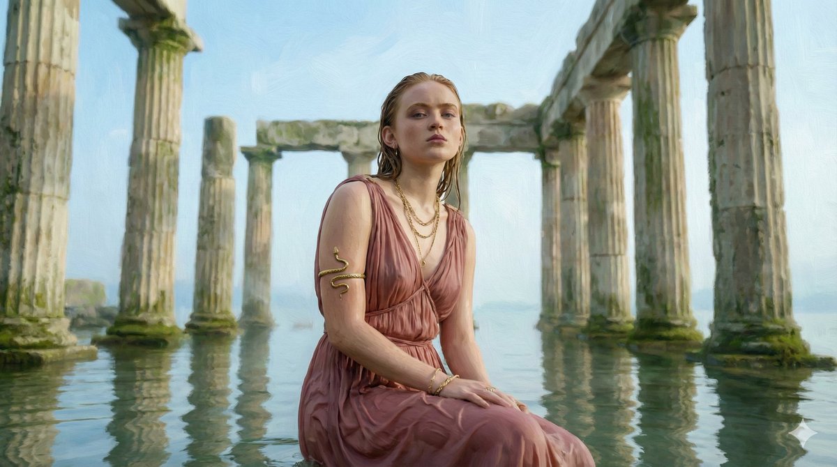 Cinematic Sadie Sink-Inspired Portrait in Flooded Ancient Ruins