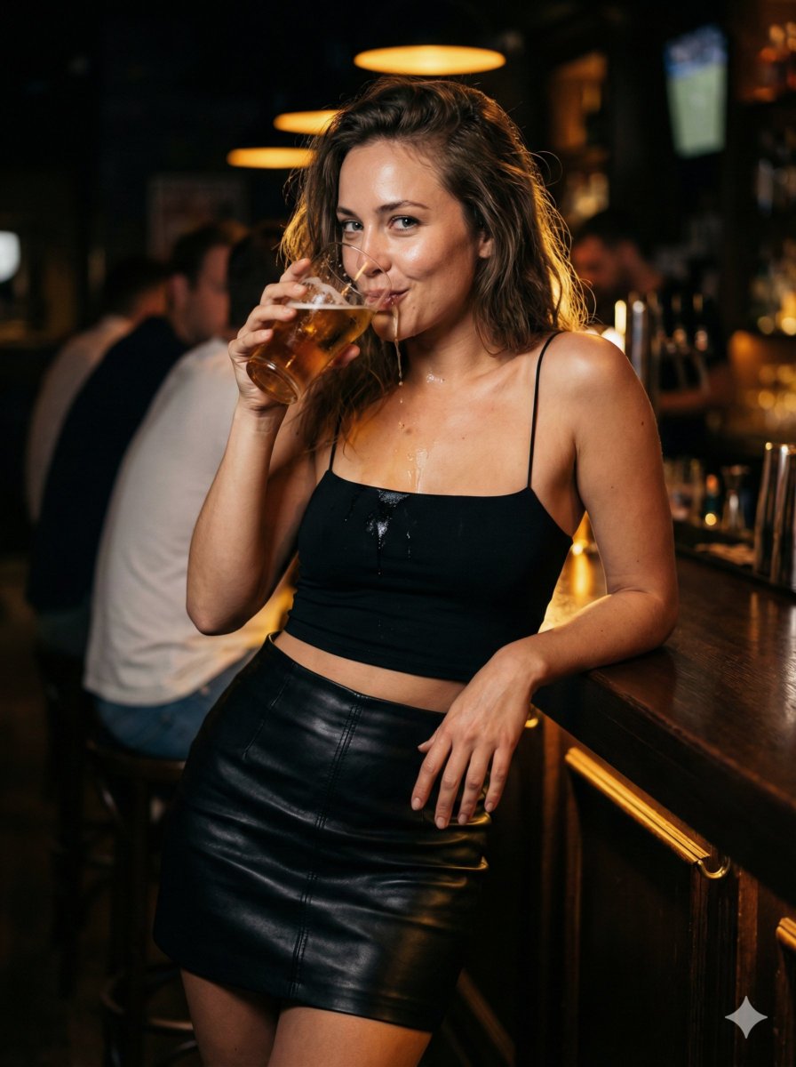 Ultra-Photorealistic Nightlife Portrait with Spilled Beer