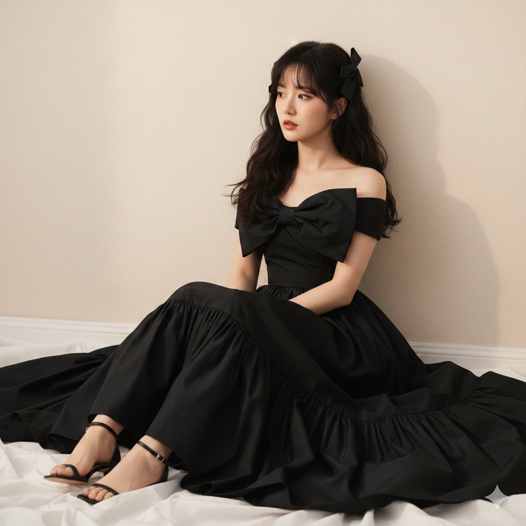 High-Fashion Editorial of Zhao Lusi in Black Bow Gown