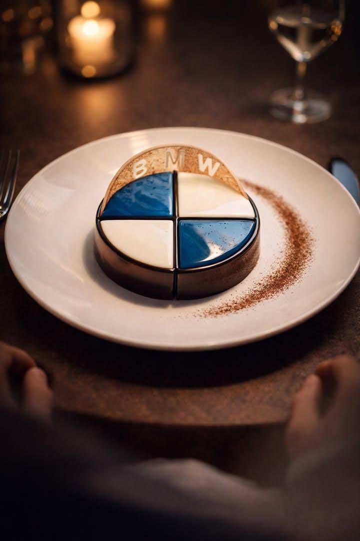 Fine-Dining Dessert Photography of a BMW Logo Mousse Cake