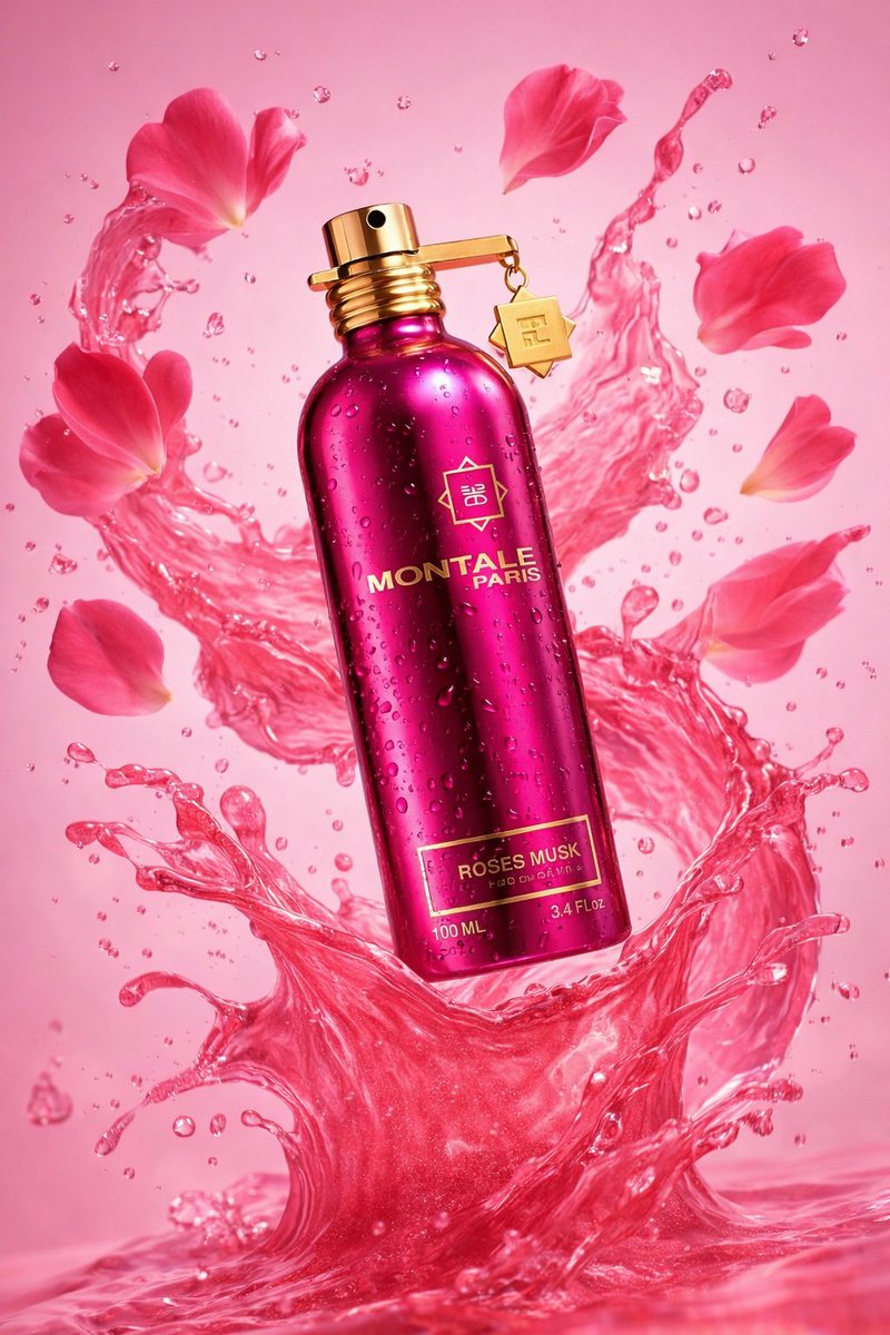 Luxury Product Photography of Perfume Bottle with Floating Flowers