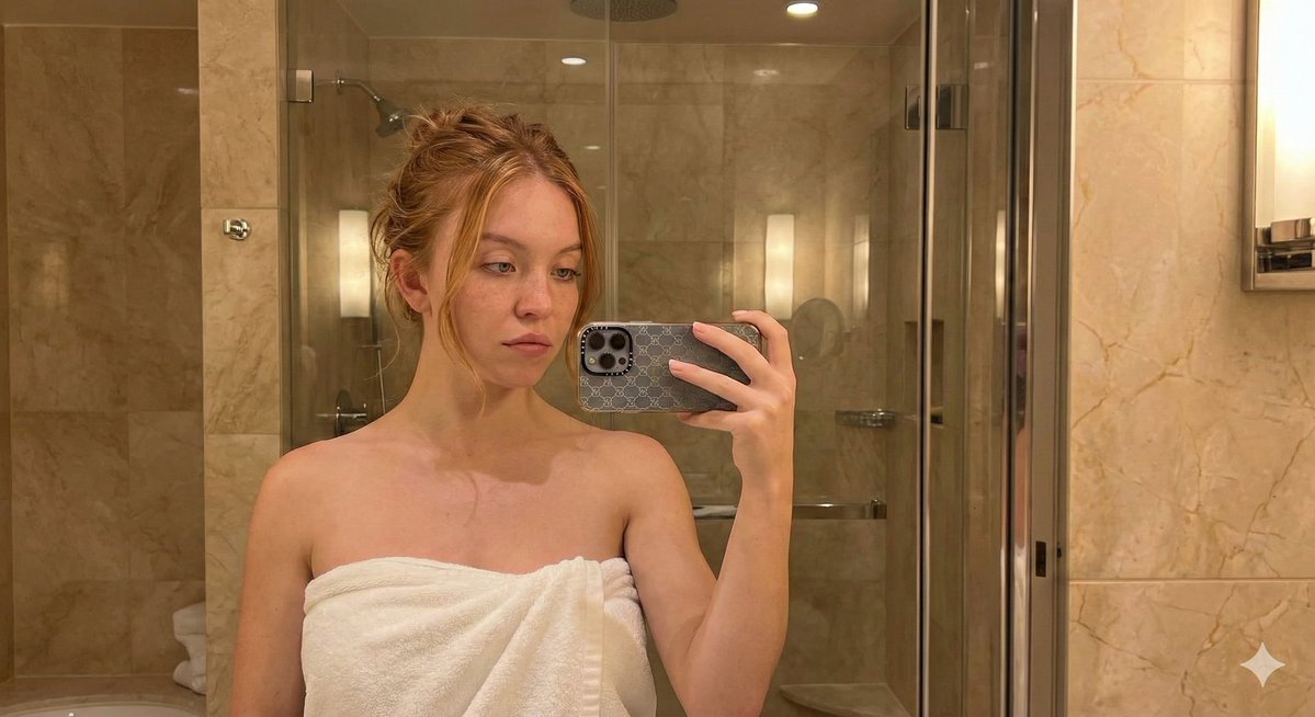 Intimate Mirror Selfie Portrait of Sydney Sweeney in a Towel