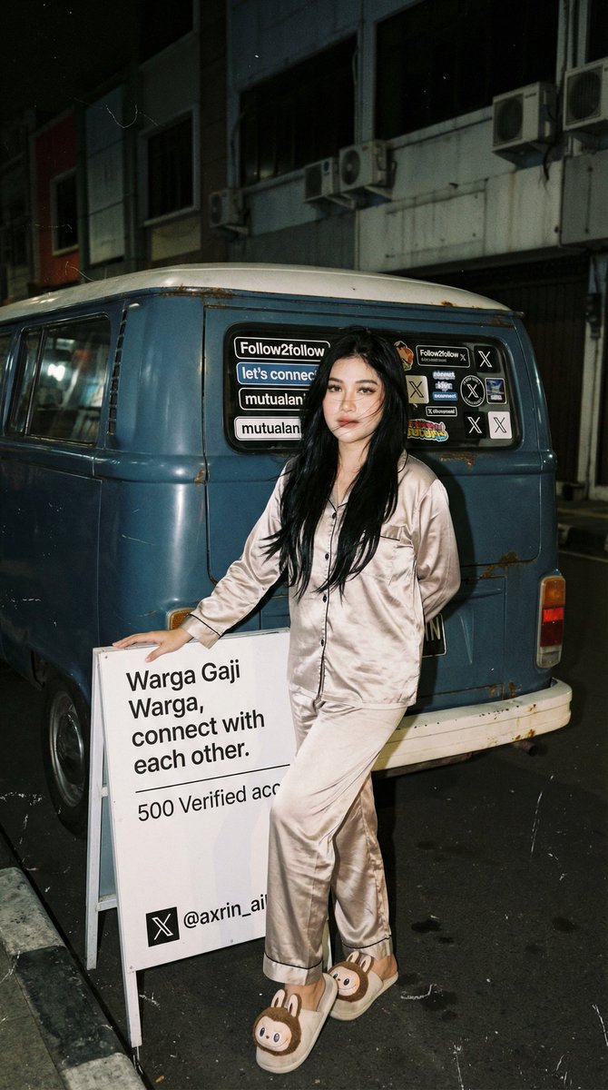 Analog 35mm Flash Photo of Woman by VW Combi Van at Night