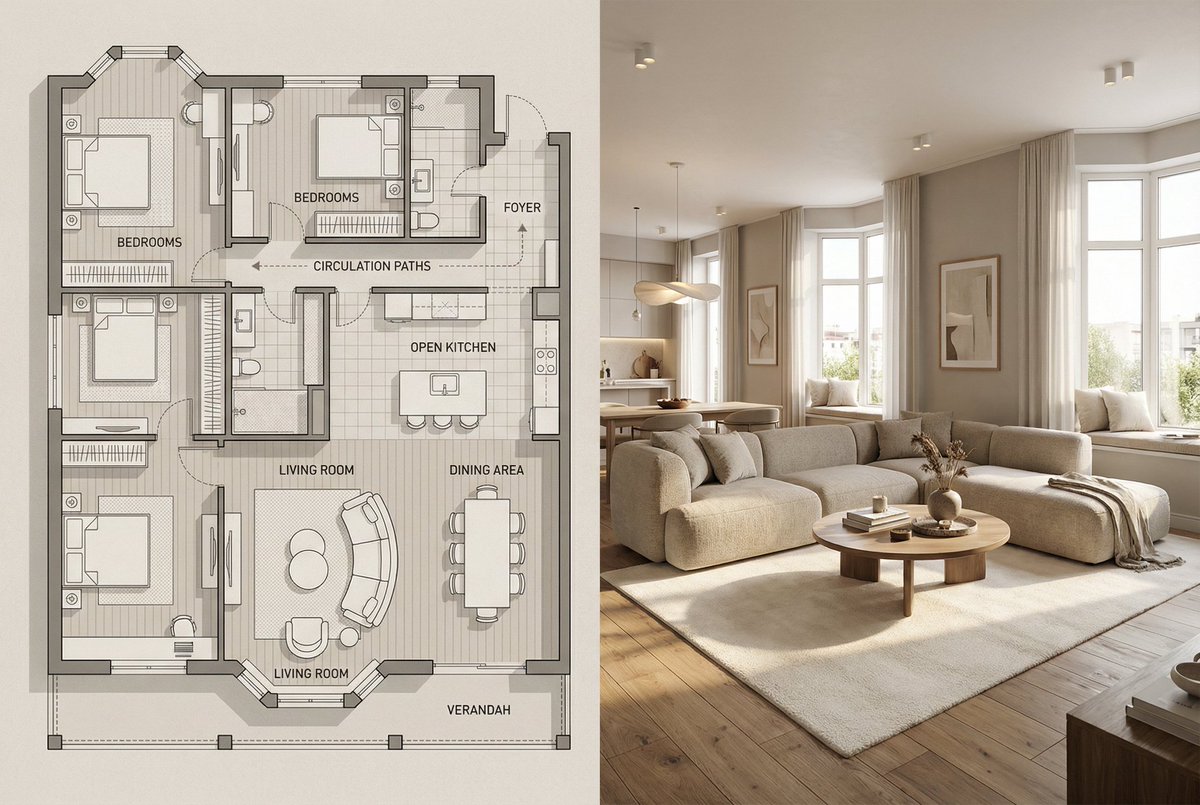 Architectural Floor Plan and Realistic Interior Photo Generation