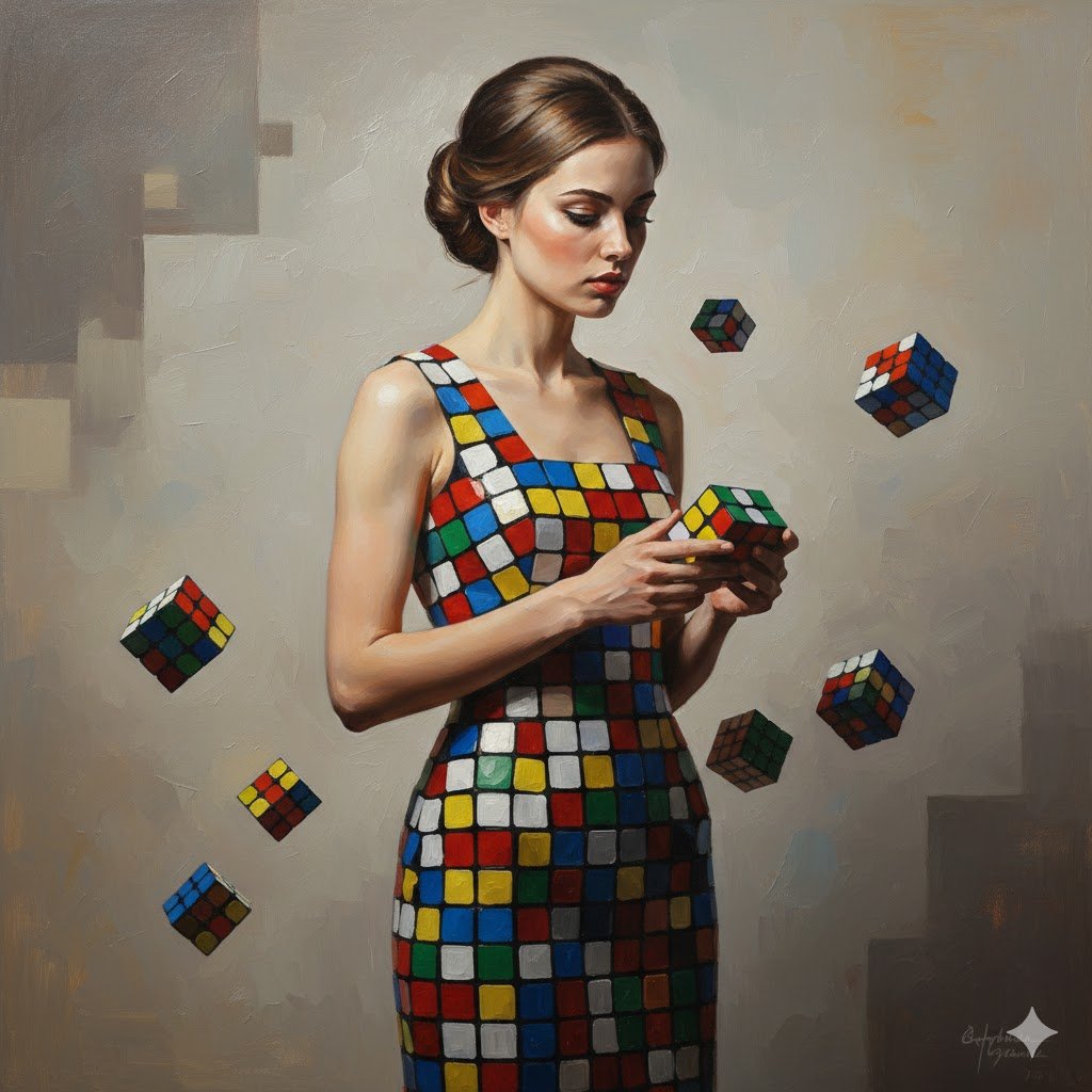 Hyper-realistic portrait of model in Rubik's cube dress