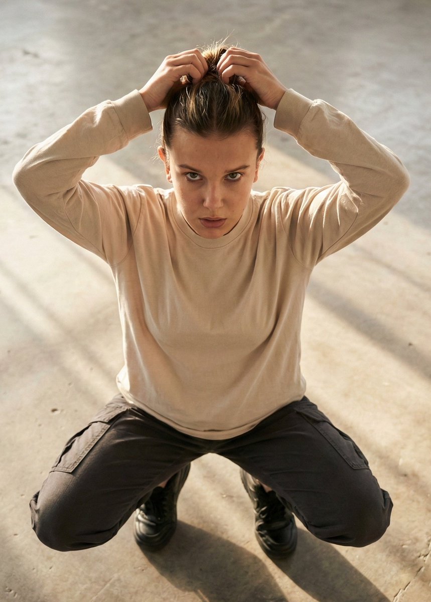 Editorial realism portrait of a woman tying her hair