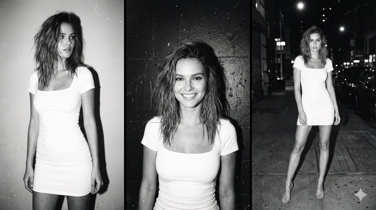 Multi-panel black and white film photo of model