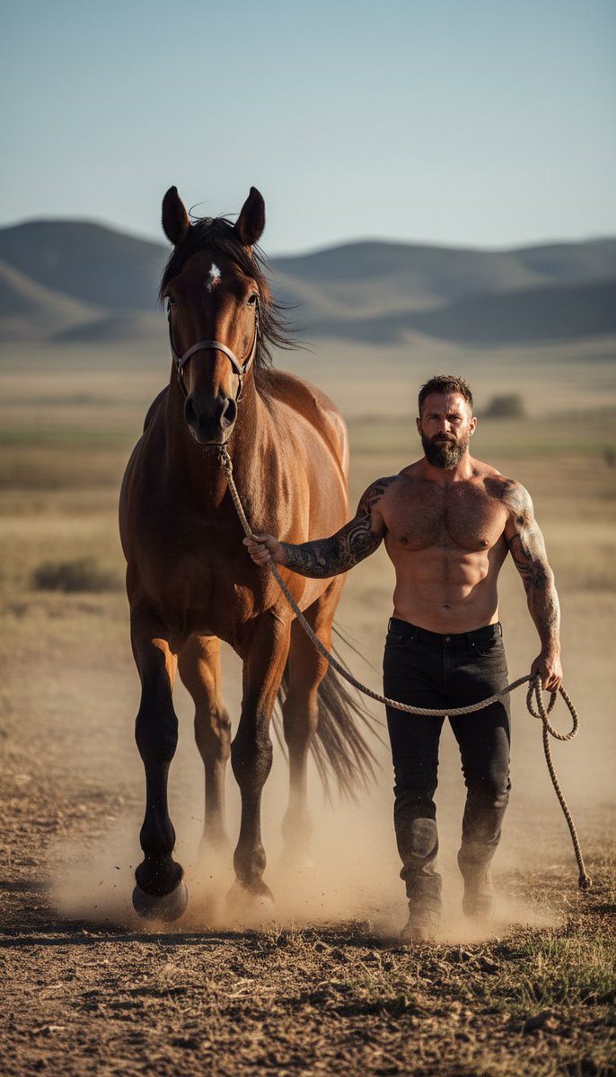 Hyper-realistic cinematic photograph of man and powerful horse