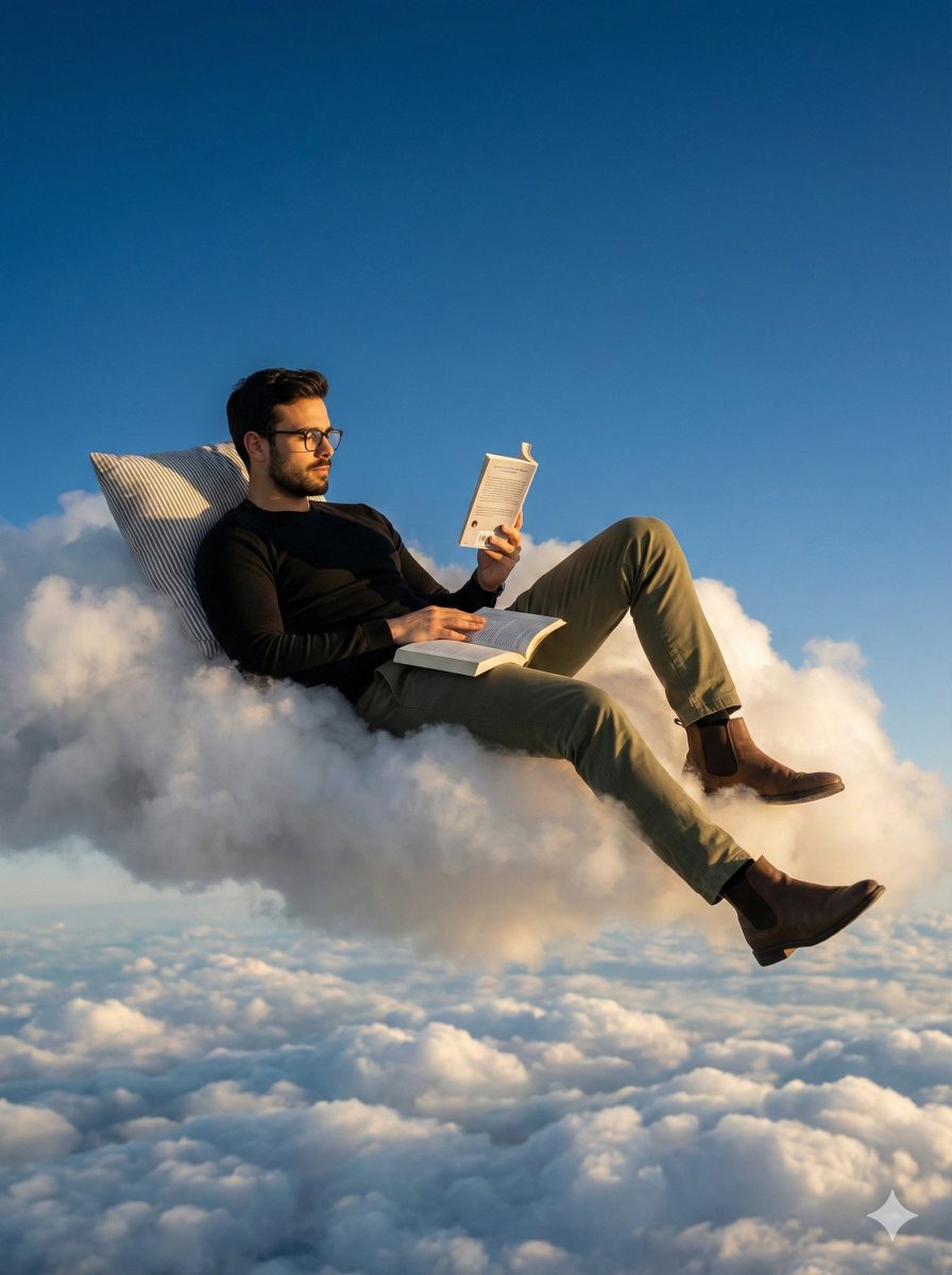 Photorealistic Surreal Scene of a Man Reclining on a Floating Cloud