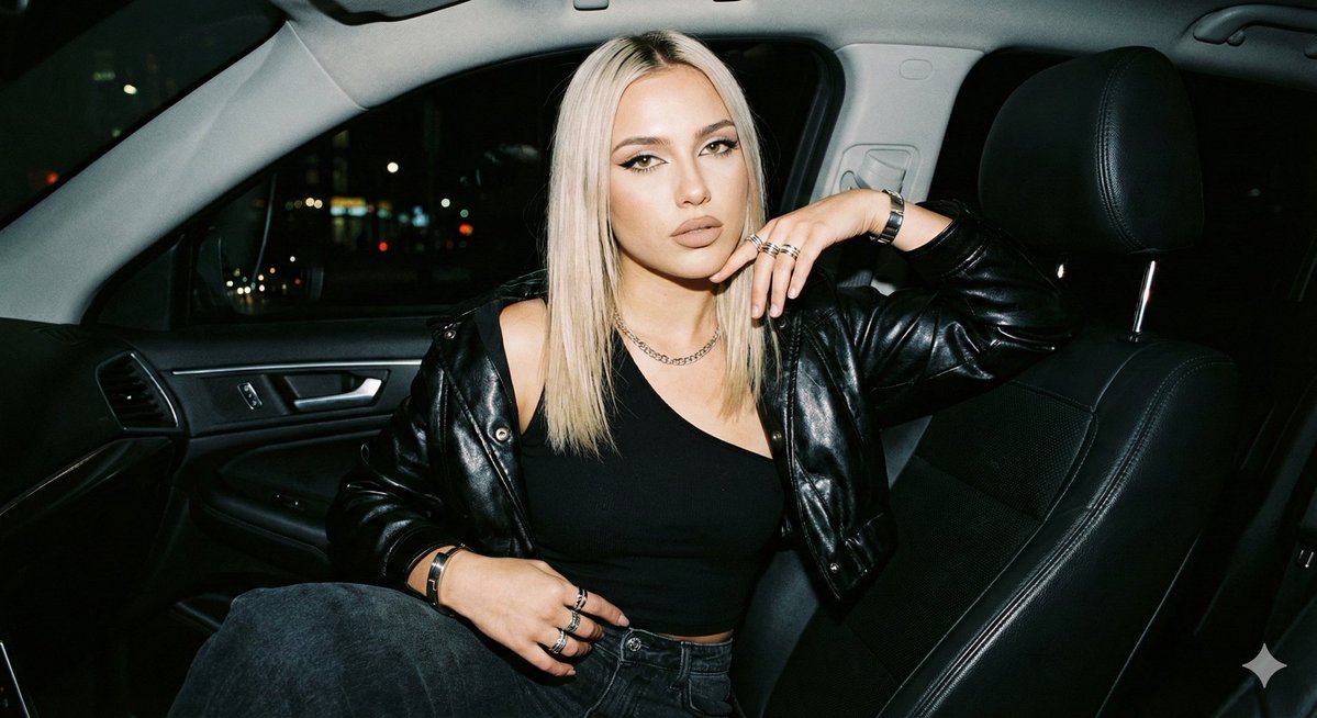 JSON Prompt for Flash Photography Portrait in a Car at Night