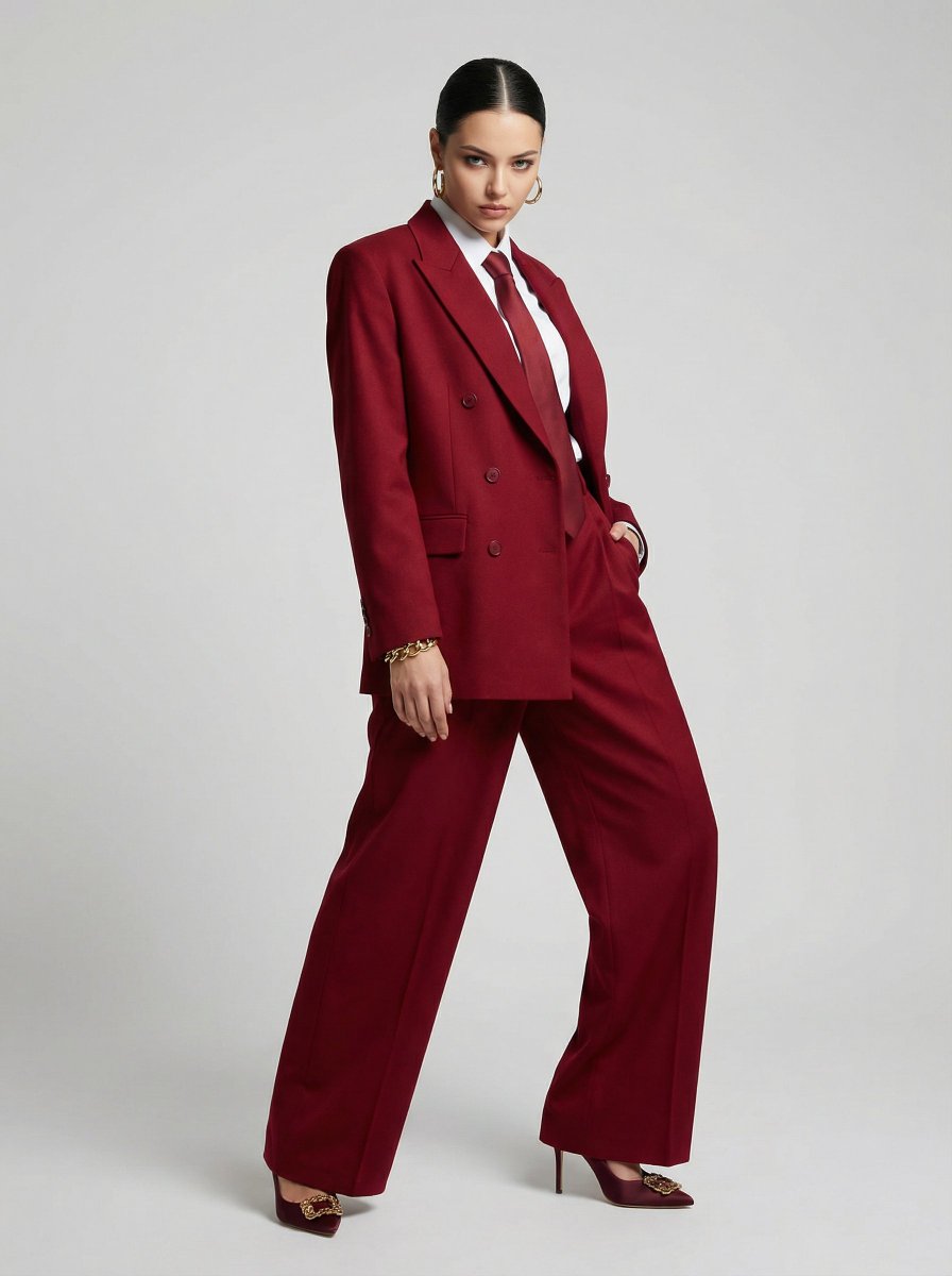 JSON Prompt for High-Fashion Editorial Portrait in Crimson Suit
