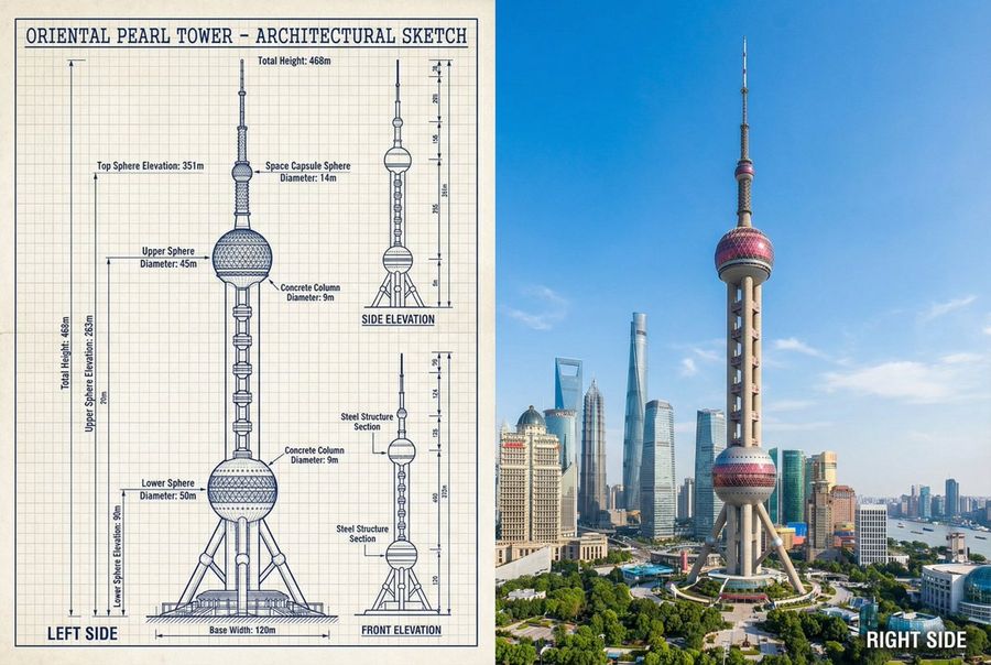 Source reference: a technical drawing of Shanghai Oriental Pearl Tower beside a daylight city photograph of the tower