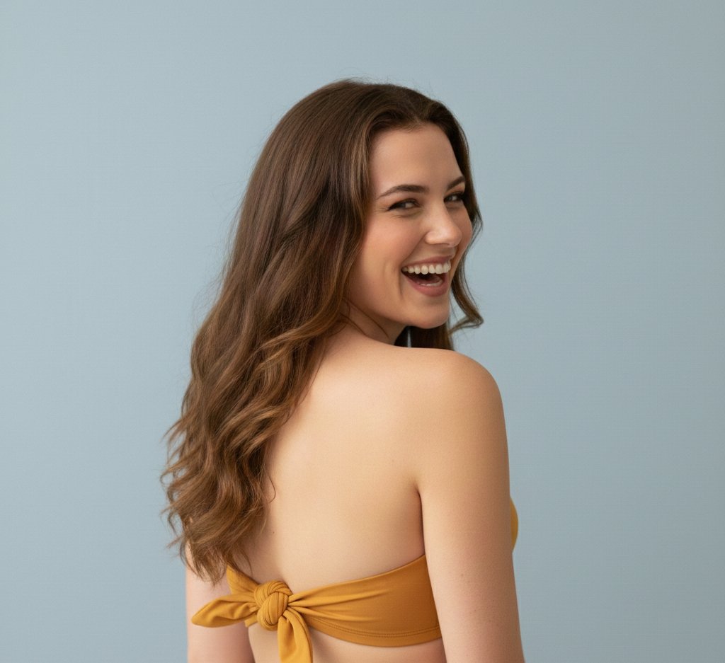 Sample output image for Playful Overhead Bikini Portrait Prompt