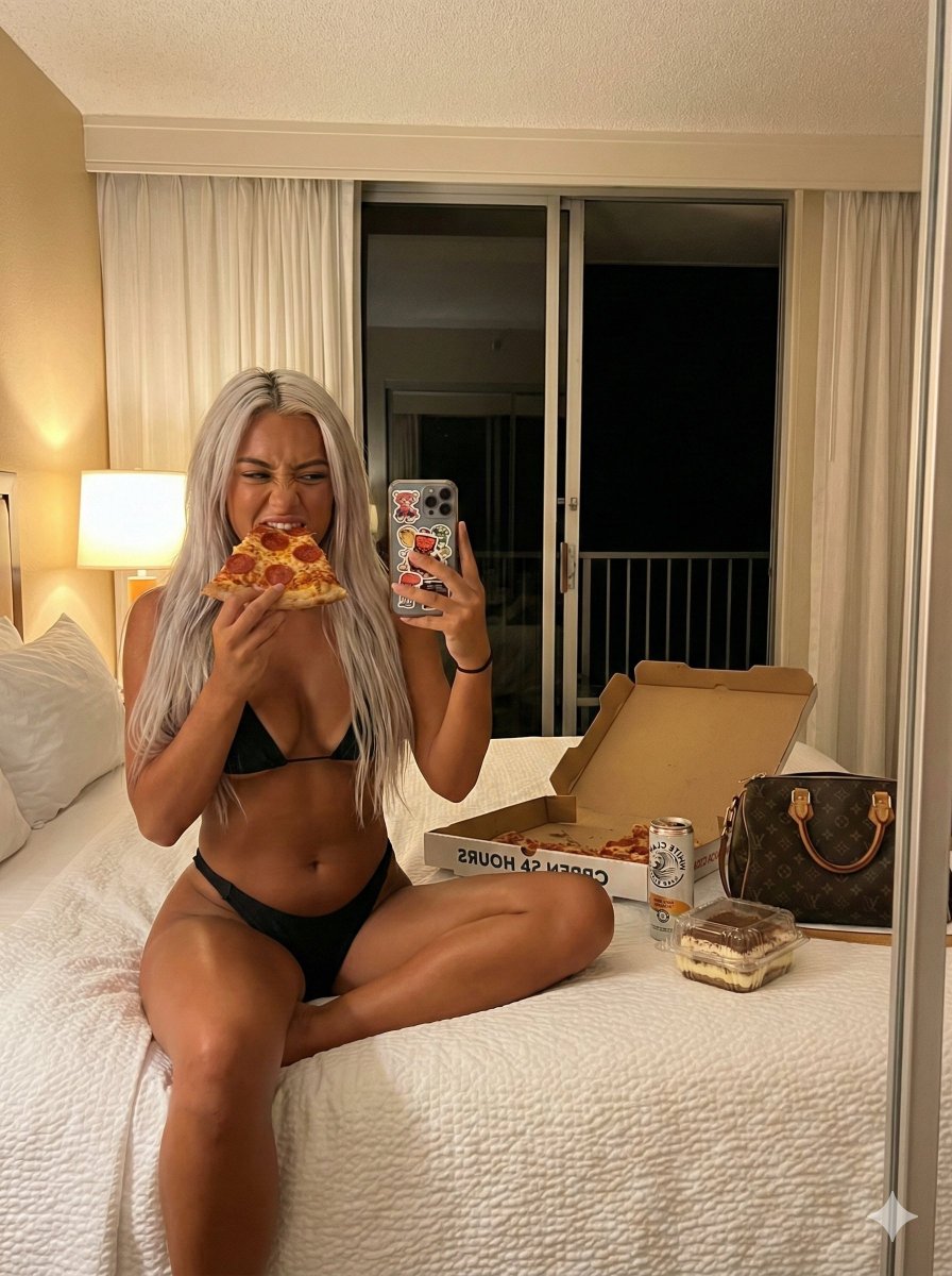 Mirror Selfie While Eating Pizza in a Hotel Room