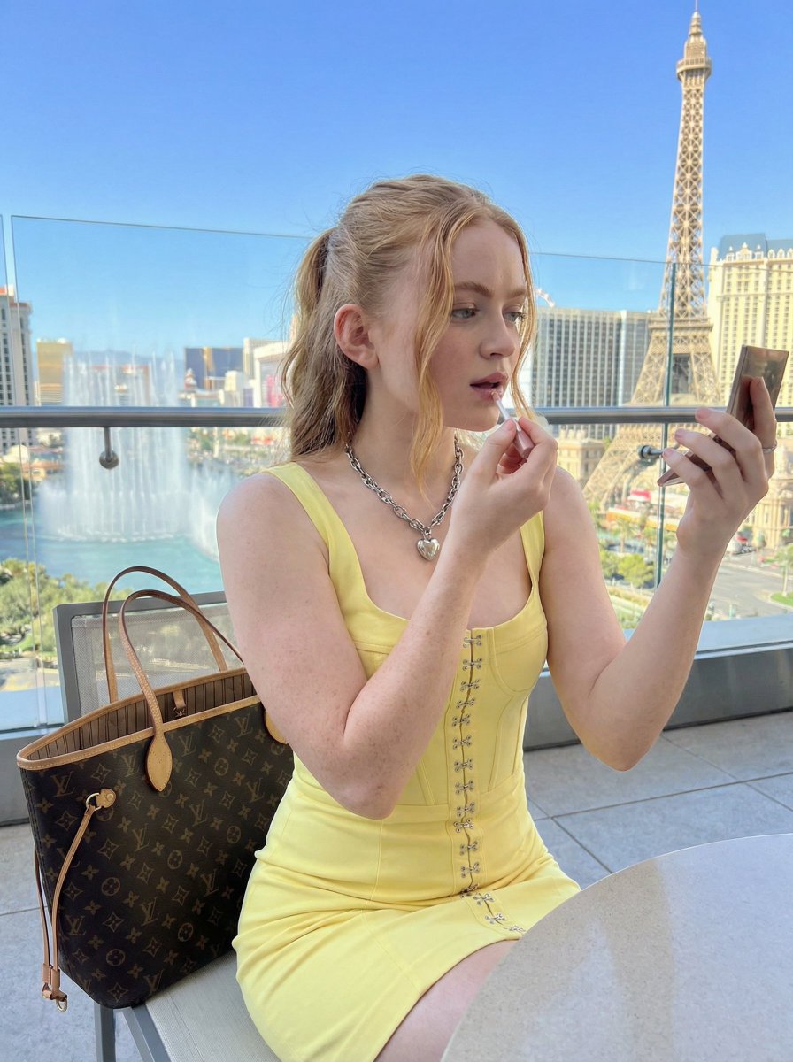 Sydney Sweeney in Pale Pink Corset Dress (Las Vegas)