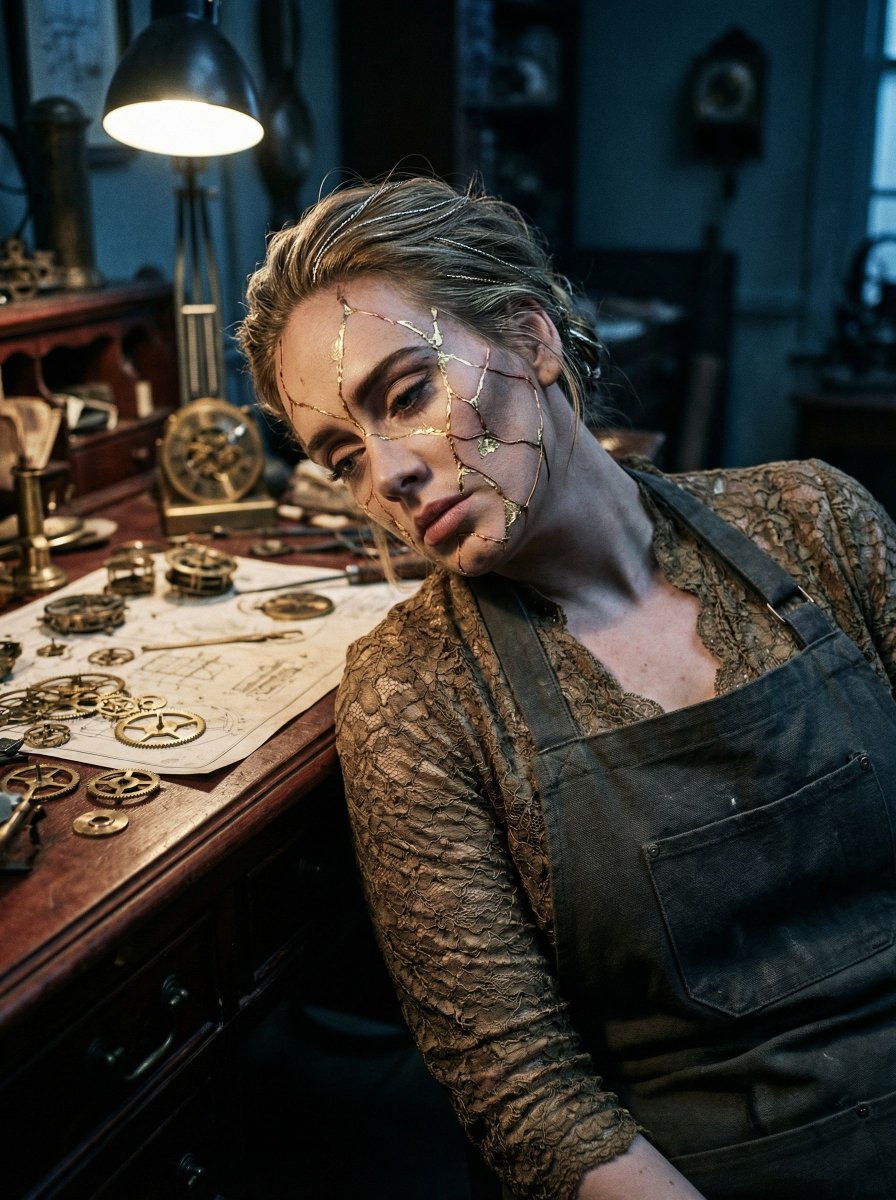 Surreal Kintsugi Portrait in an Automaton Workshop