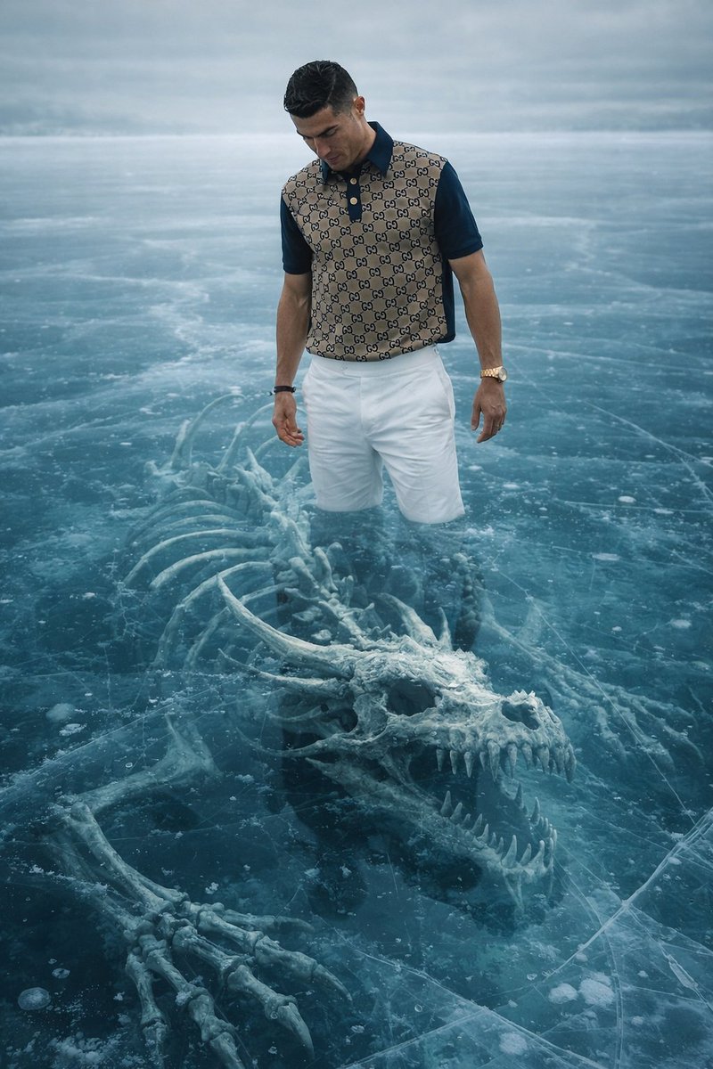 8K Ultra-Realistic Promotional Image of a Man on Ice with a Submerged Skeleton