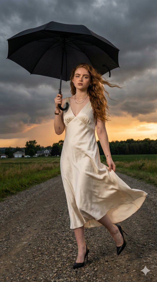 Sadie Sink Cinematic Stormy Sunset Portrait