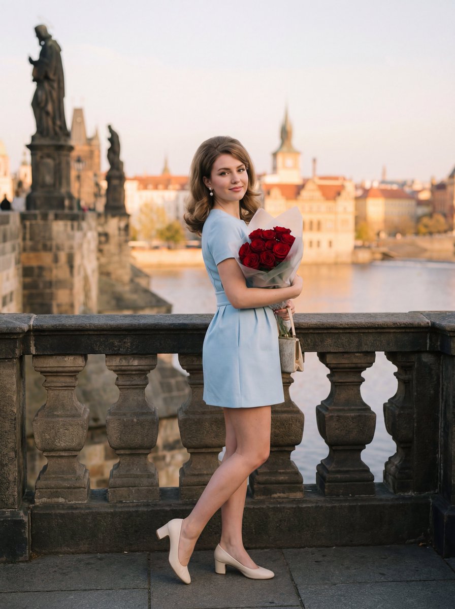 Editorial Photograph of Woman with Roses in Prague (JSON)