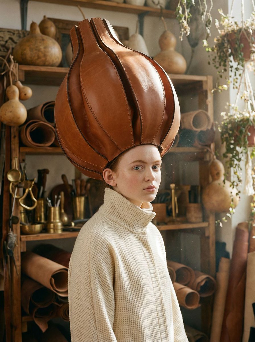 Avant-Garde Fashion Portrait with Leather Headpiece (JSON)