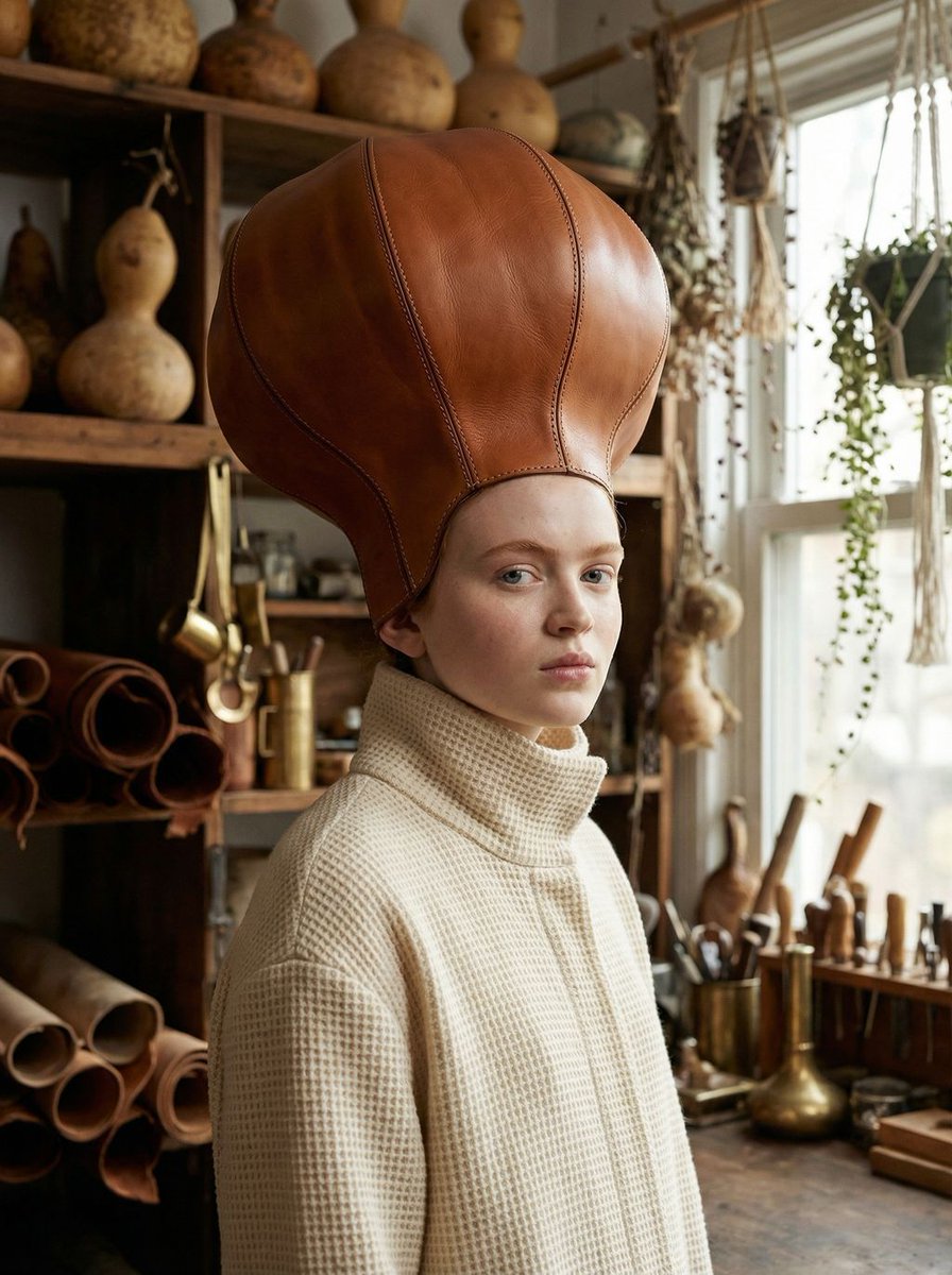 Avant-Garde Fashion Portrait with Leather Headpiece (JSON) 2