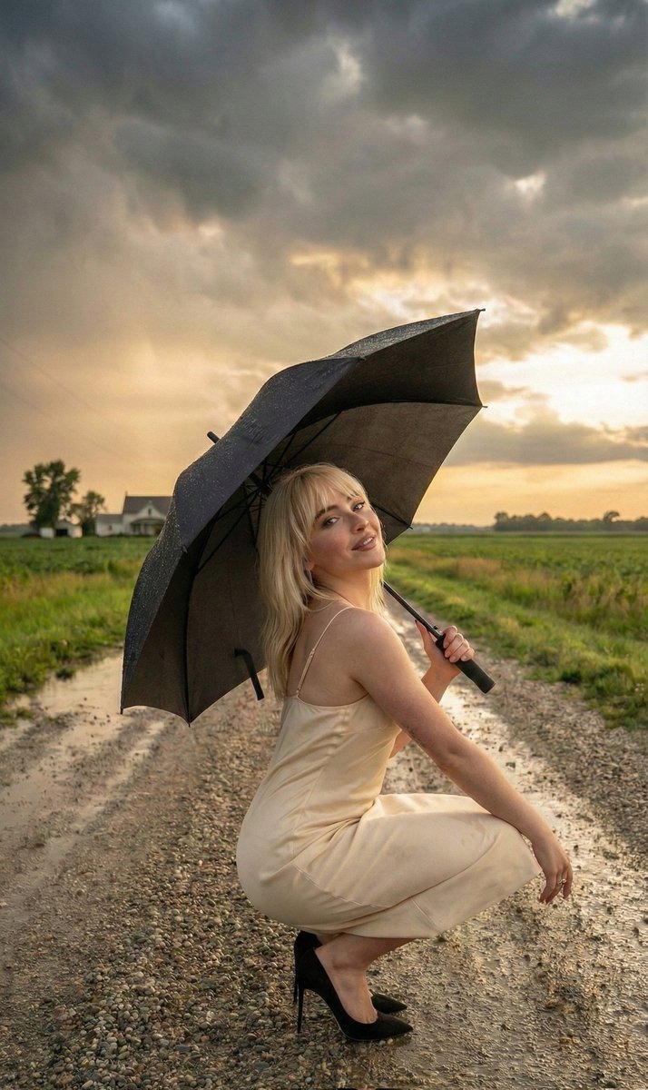 Cinematic Portrait of Sabrina Carpenter in a Stormy Rural Setting