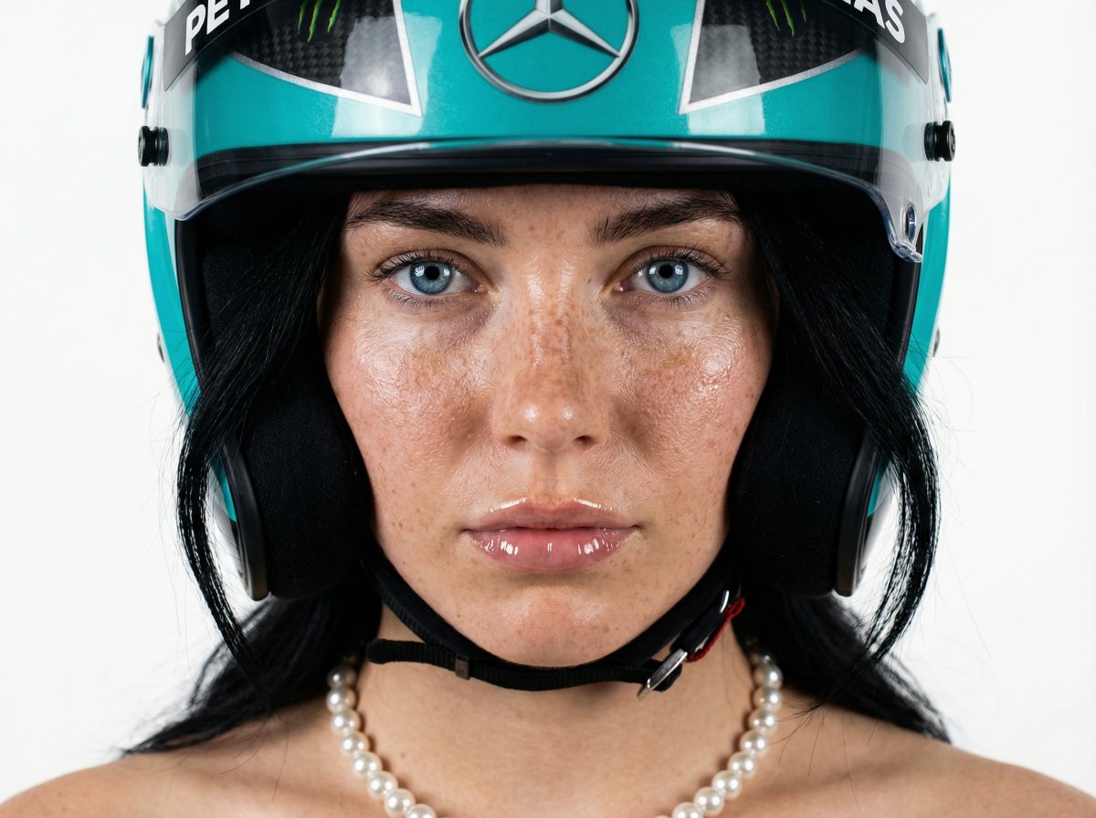 F1 Heiress Editorial Portrait with Racing Helmet and Pearls