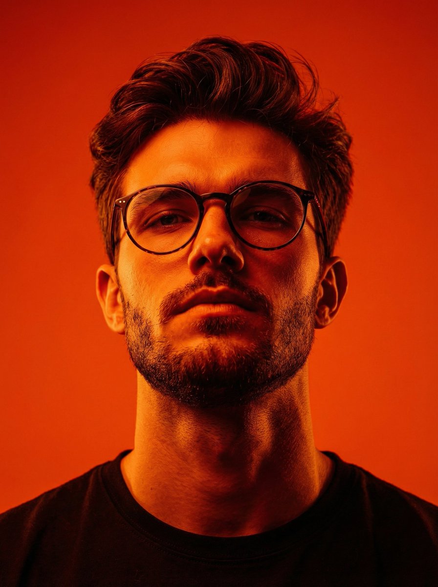 Dynamic Low-Angle Editorial Portrait with Orange-Red Contrast