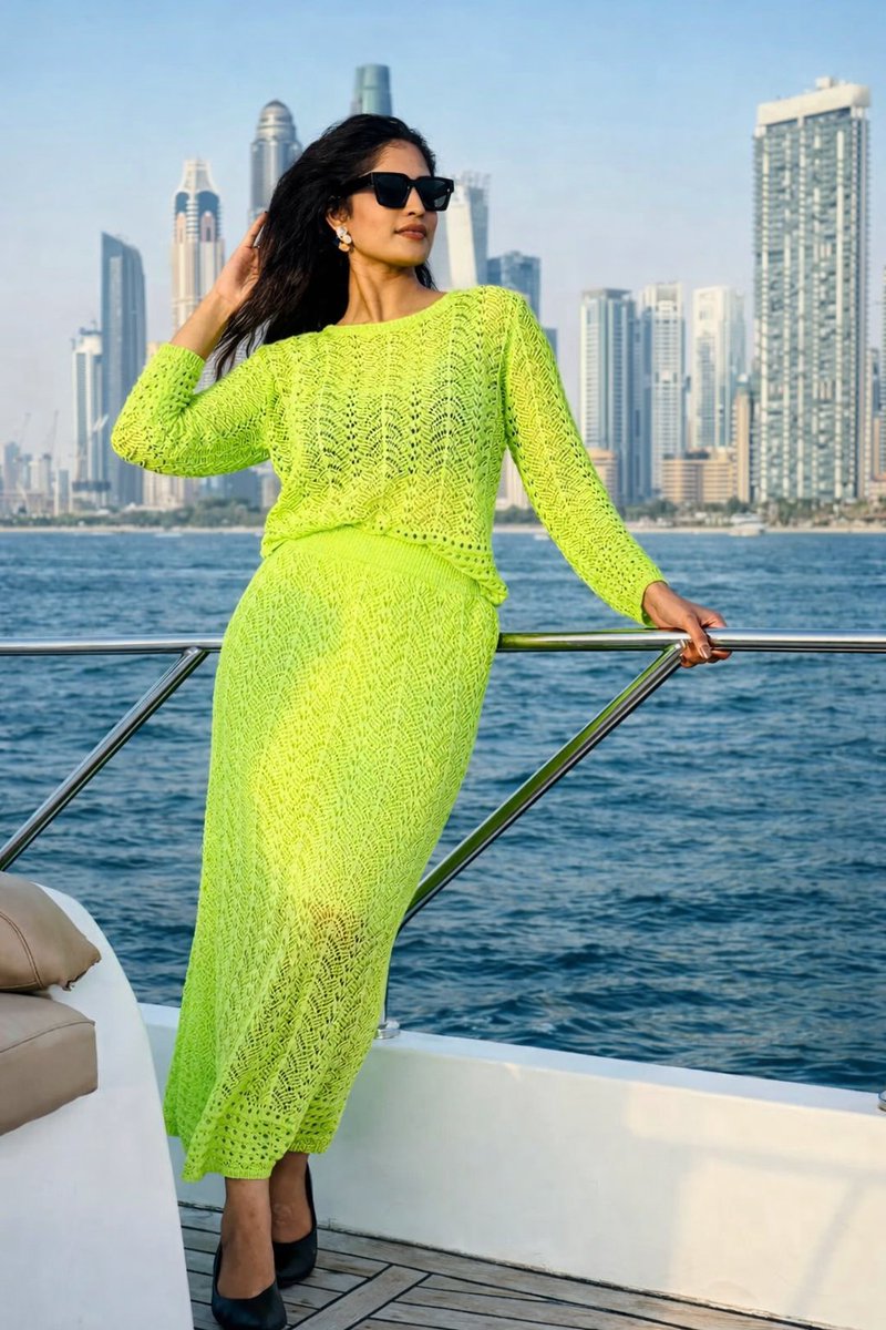 Lifestyle Portrait on Yacht in Neon Green Knitwear