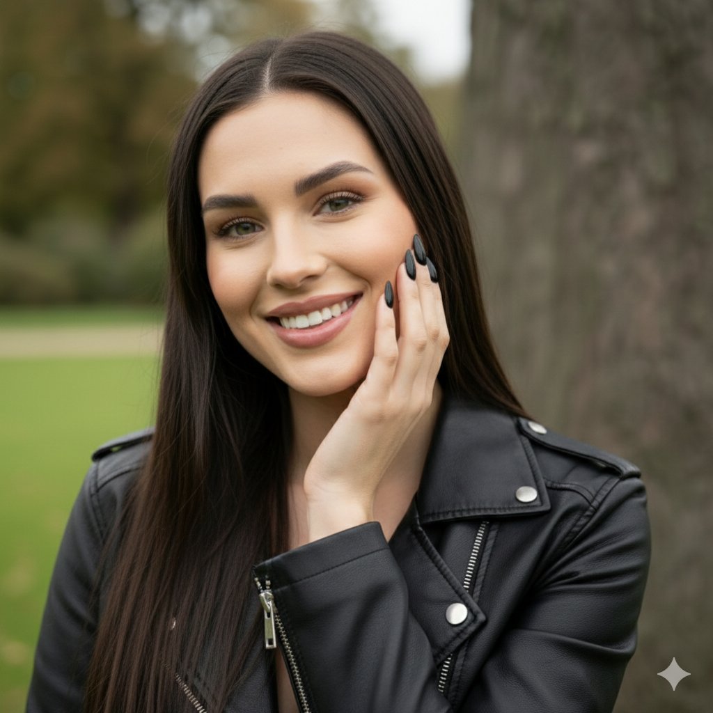 Hyper-detailed 4K portrait of a female model in a black leather jacket and jeans sitting on park grass