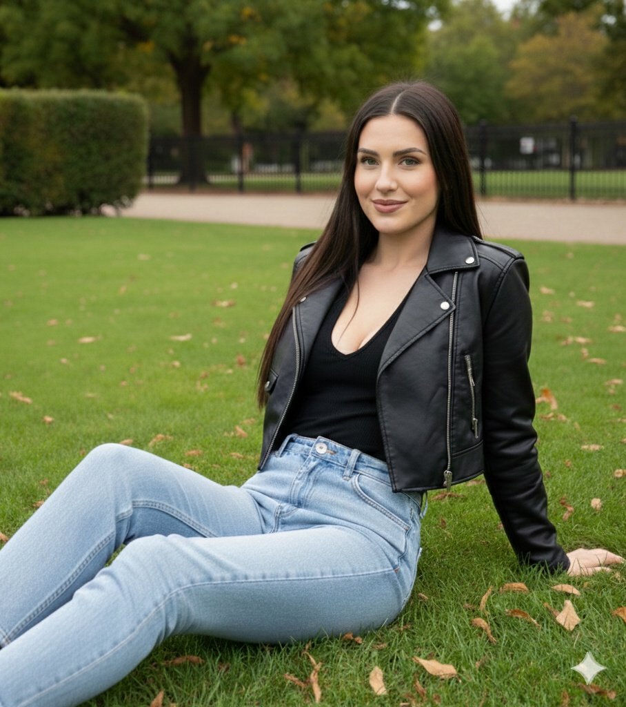 Hyper-detailed 4K portrait of a female model in a black leather jacket and jeans sitting on park grass 3
