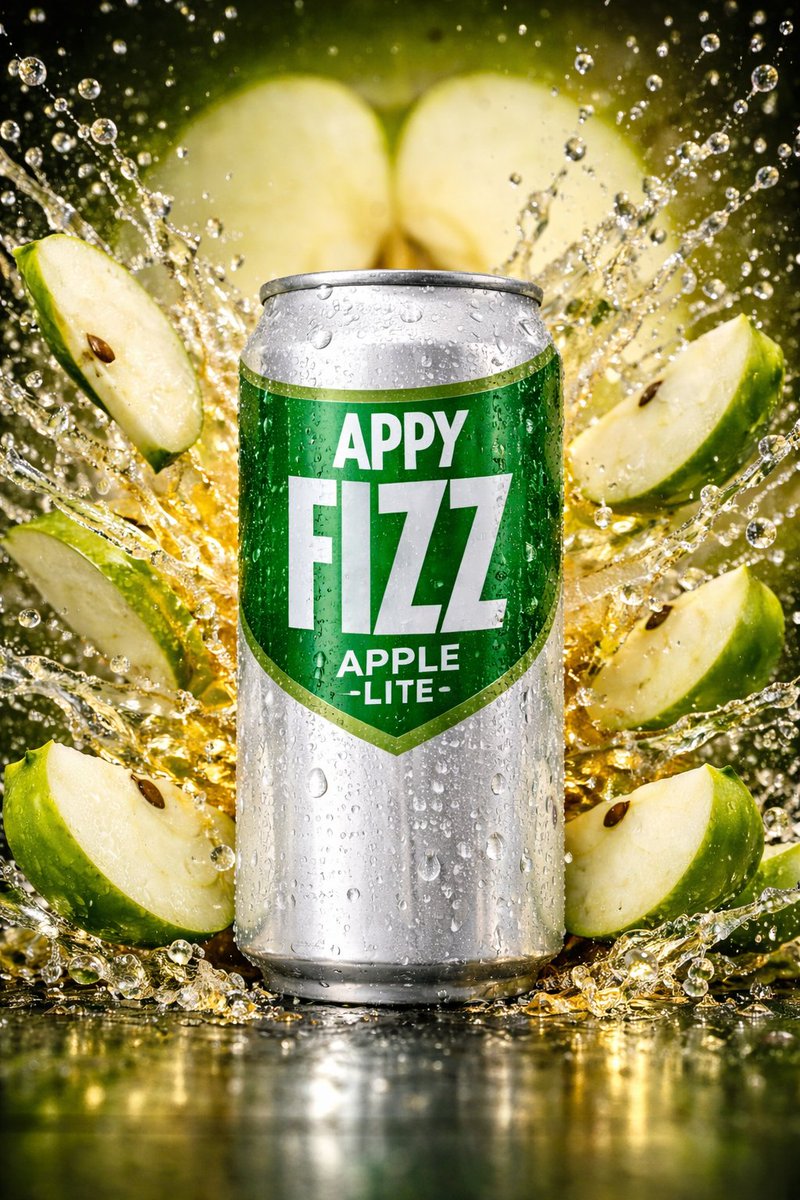 Hyper-realistic cinematic product shot of Appy Fizz can with exploding apple slices 4
