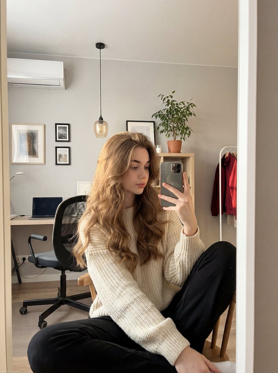 Realistic mirror selfie of a young woman in a cozy cream sweater