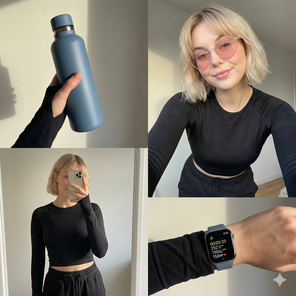 Four-grid lifestyle collage of an Asian woman in activewear, post-workout