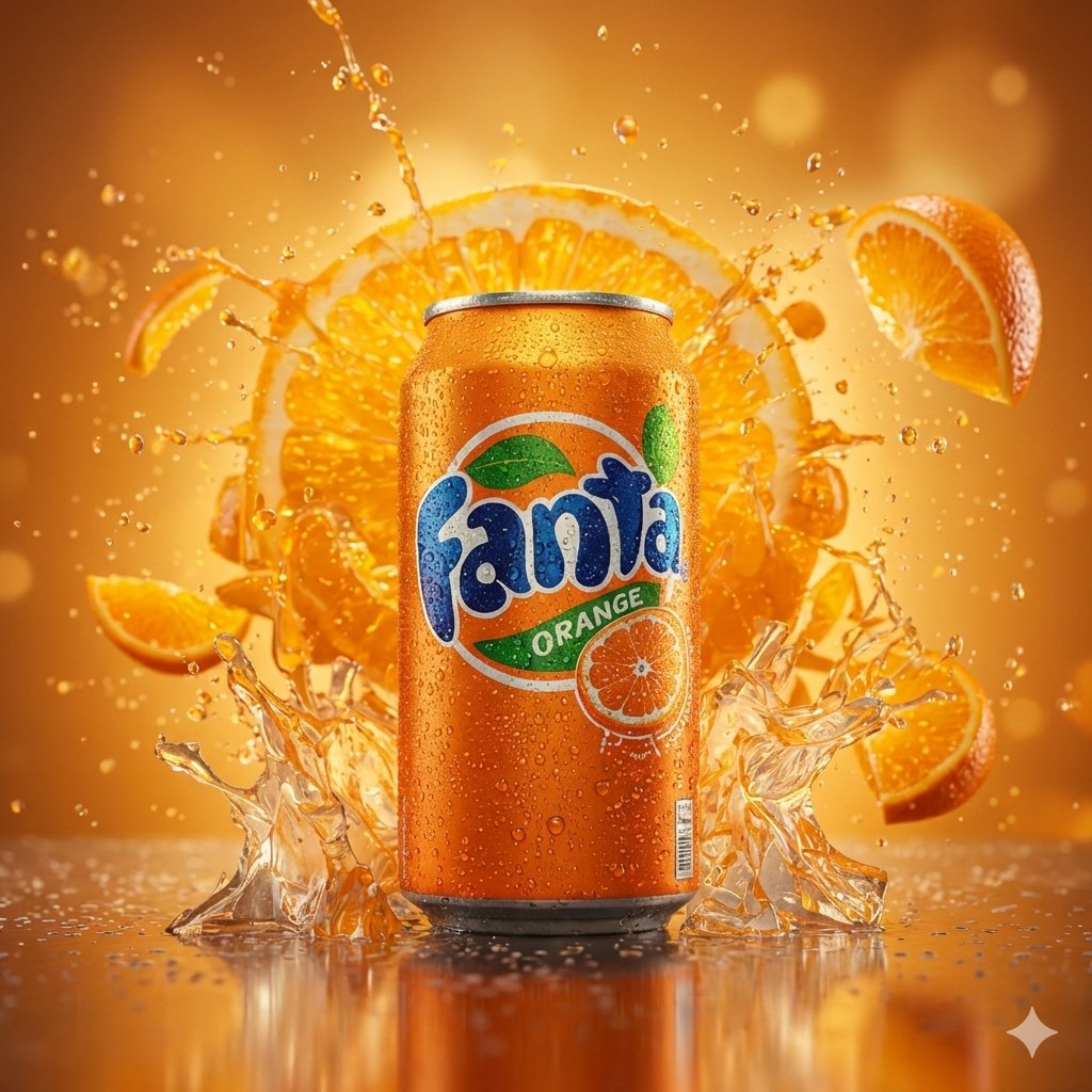 Hyper-realistic cinematic product shot of Fanta Orange can with exploding orange slices