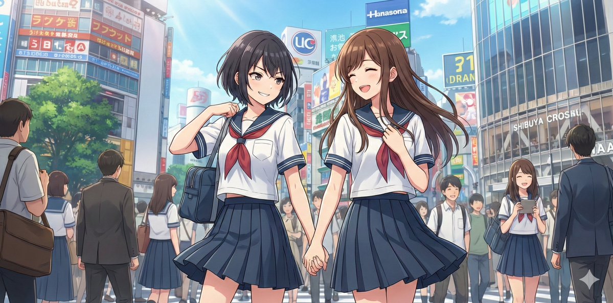 NanoBananaPro Image Generation Prompt: Two High School Girls in Shibuya