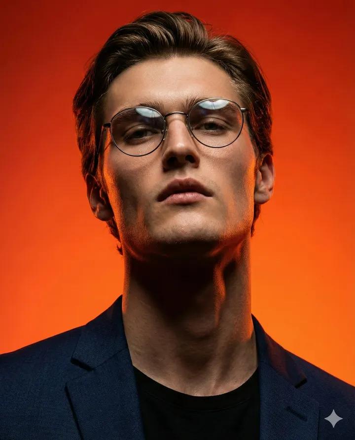 Dynamic Low-Angle Portrait with Orange-Red Background 2