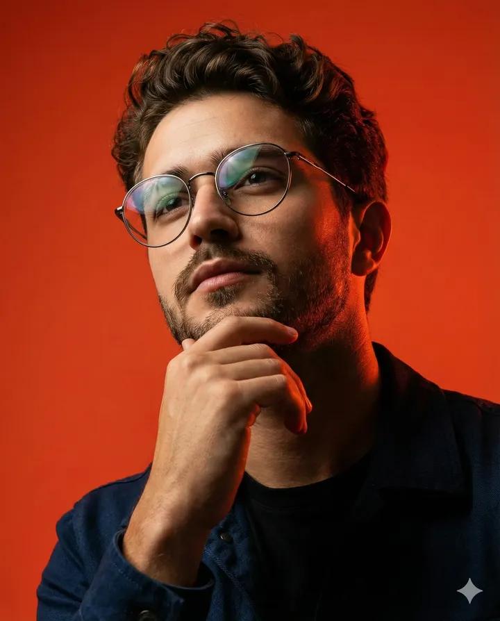 Dynamic Low-Angle Portrait with Orange-Red Background