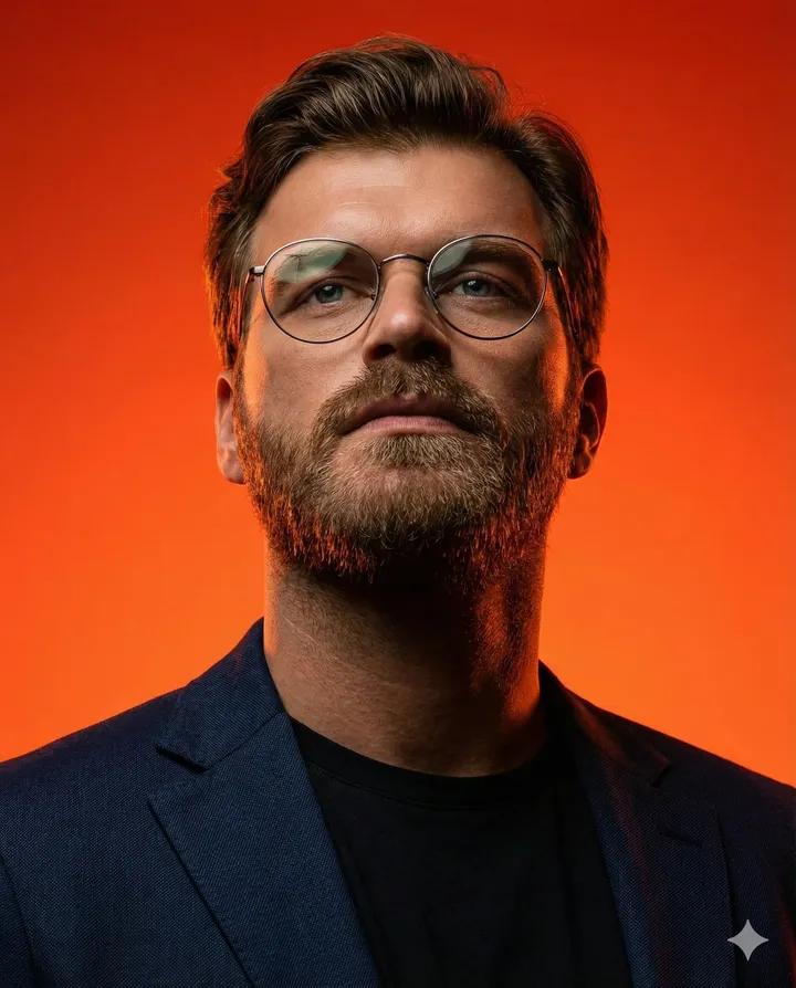 Dynamic Low-Angle Portrait with Orange-Red Background 3