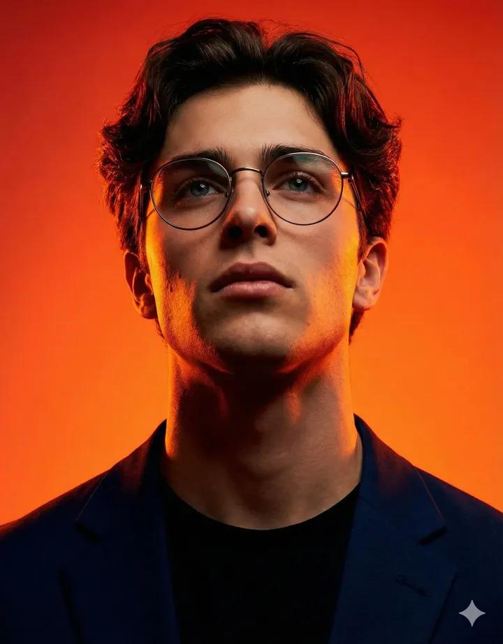 Dynamic Low-Angle Portrait with Orange-Red Background 4